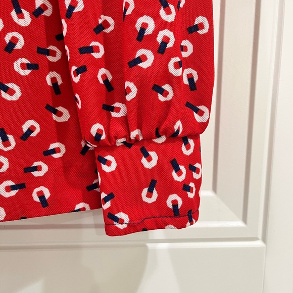 Vintage Long Sleeved Bright Red Polyester Patterned Blouse - Picture 3 of 5